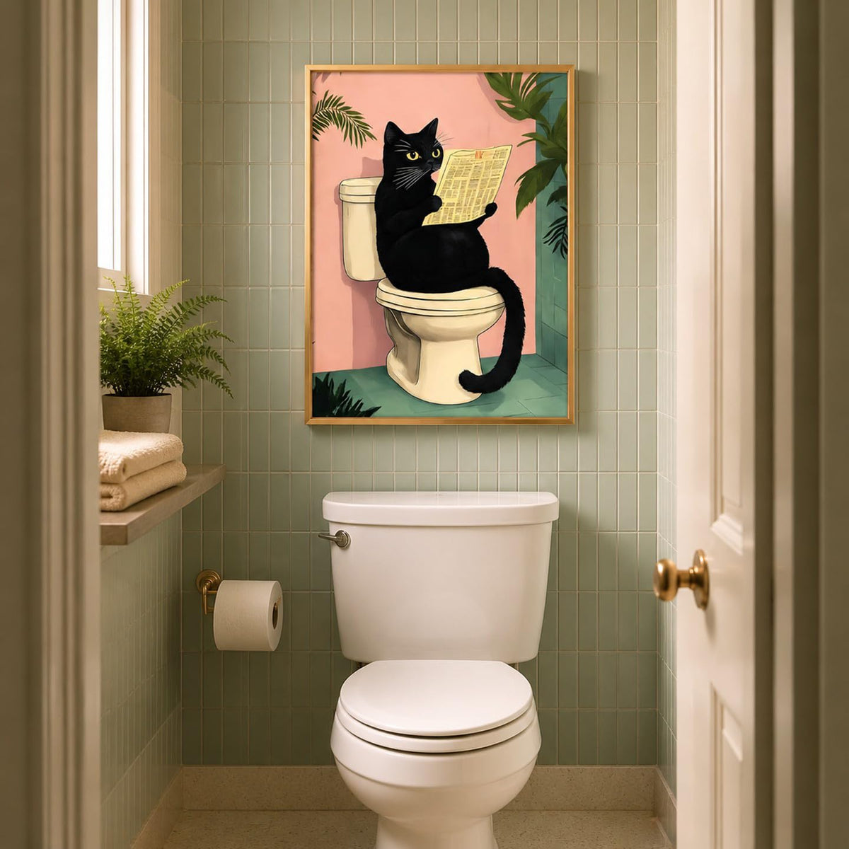 Framed Funny Cat Sitting on Toilet Reading Newspaper Canvas Wall Art 8x10in (black cat / 10"L x 8"W)