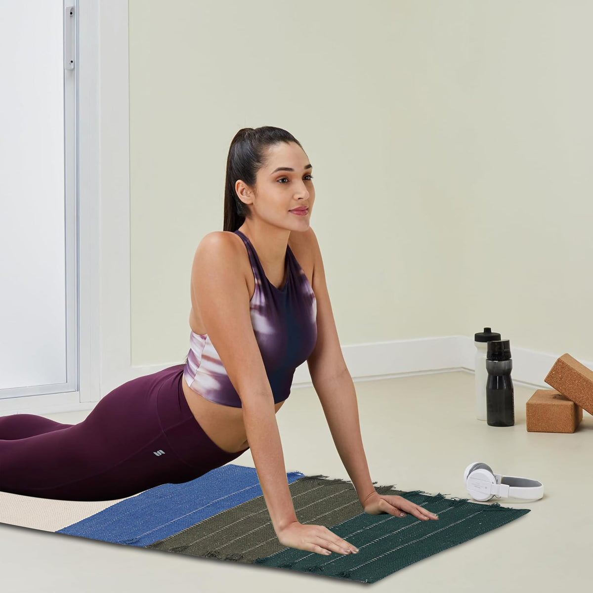 Indian Handmade 100% Organic Cotton Yoga Mat (White & Blue)