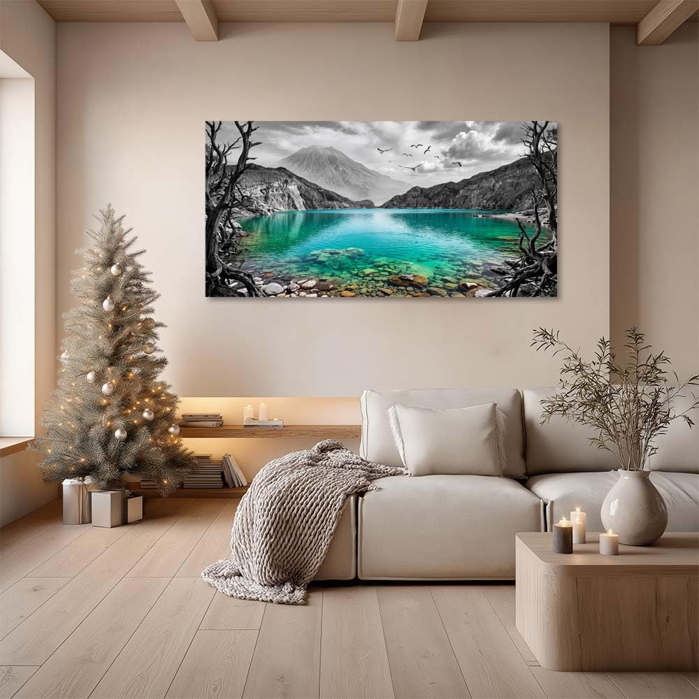 Black and White Mountain Canvas Wall Art Colorful Tropical Floral Lake Landscape Painting Flat Print Gallery Wrapped Artwork for Living Room Bedroom Bathroom Decor (Mysterious / Black Mountain Lake 19 / 58"L x 28"W)