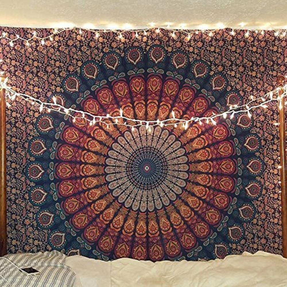 Peacock Mandala Tapestry Hippie Wall Hanging 90x84 inch Decorative Trippy Tapestries Boho Indian Handmade Cotton Bedspread (Golden Blue / 90"L x 84"W)
