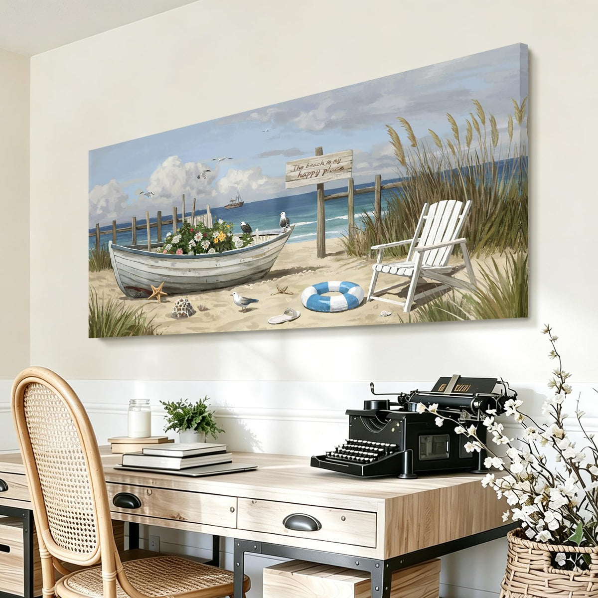 Seaside Wall Art Coastal Landscape Print For Living Room 48X24 In (Blue Seaside Boat Wall Art / 48"L x 24"W)