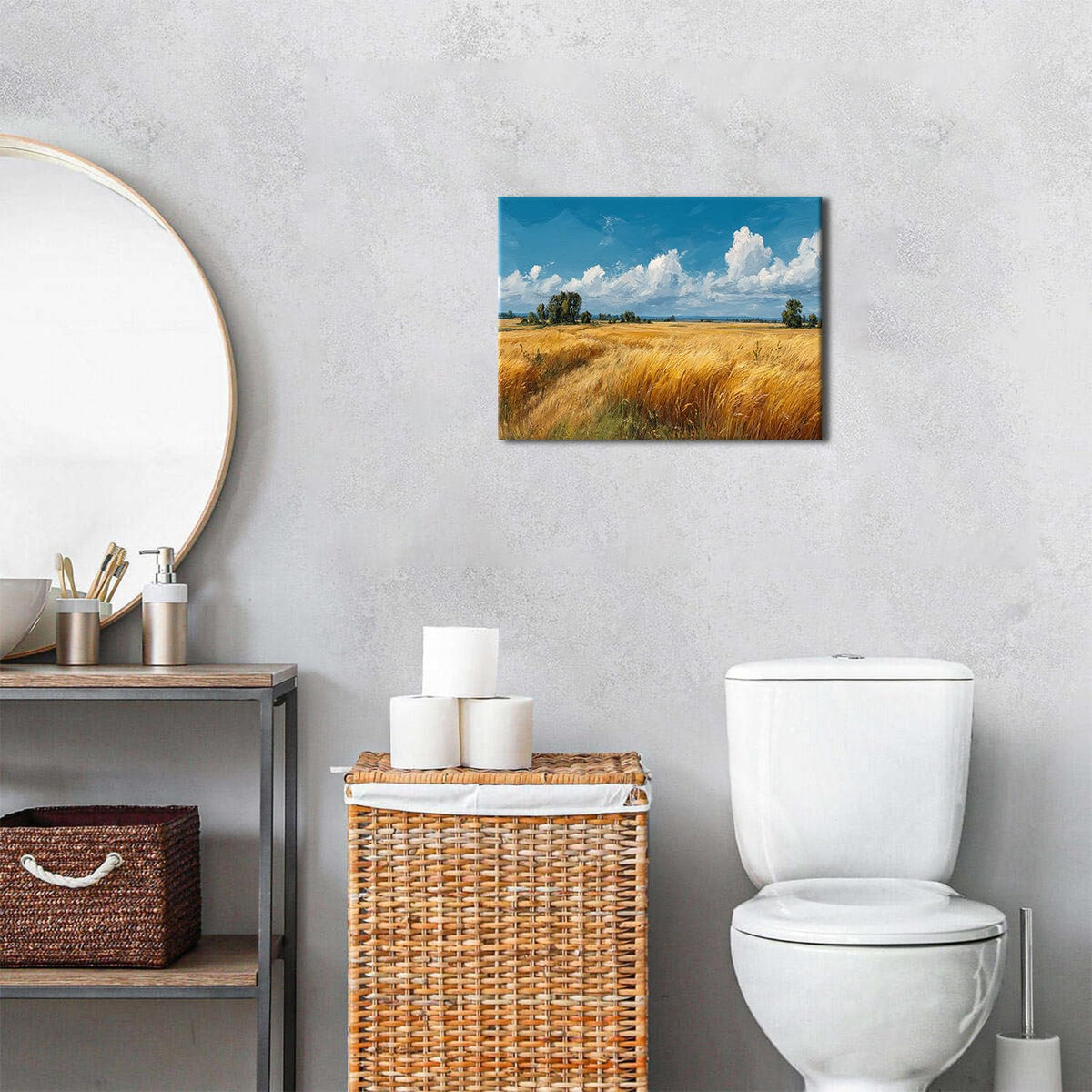 Rural Country Canvas Wall Art Golden Wheat Field Landscape Painting Rustic Farmhouse Wall Decor Countryside Scenery Pictures Blue Sky Clouds Prints Artwork Bedroom Living Room Home Decoration 12x16" (16"L x 12"W / Farm)