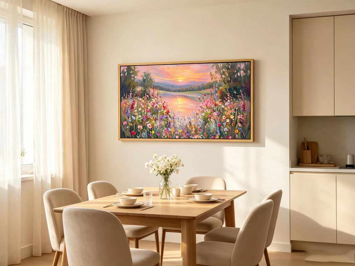 Large Floral Landscape Wall Art Wildflower Meadow Lake Sunset Painting Picture Colorful Botanical Flower Nature Canvas Wall Decor Distant Mountain Forest Print Artwork for Living Room Bedroom (Sunset / 48"L x 24"W)