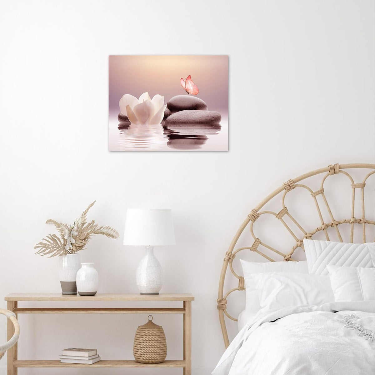 Floral Zen Wall Art for Bathroom White Water Lily Flower and Pink Butterfly on Stone Spiritual Canvas Wall Art Ptints Relaxing Yoga Spa Picture Wall Decor for Bedroom Living Room (16"L x 20"W / Pink)