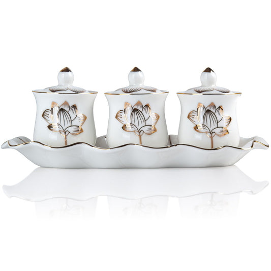 White Buddhist 3 Altar Cups Set (3 White Ceramic Cup Set)