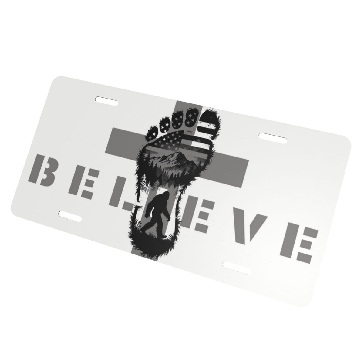 Believe Big Foot Christian Cross American Flag Adventure Mountain Front License Plate Aluminum Decorative License Plates Metal Car Plate 6"X12" Novelty Vanity Tag Cover with 4 Holes Car Decor (Purple / 6 X 12 Inch)