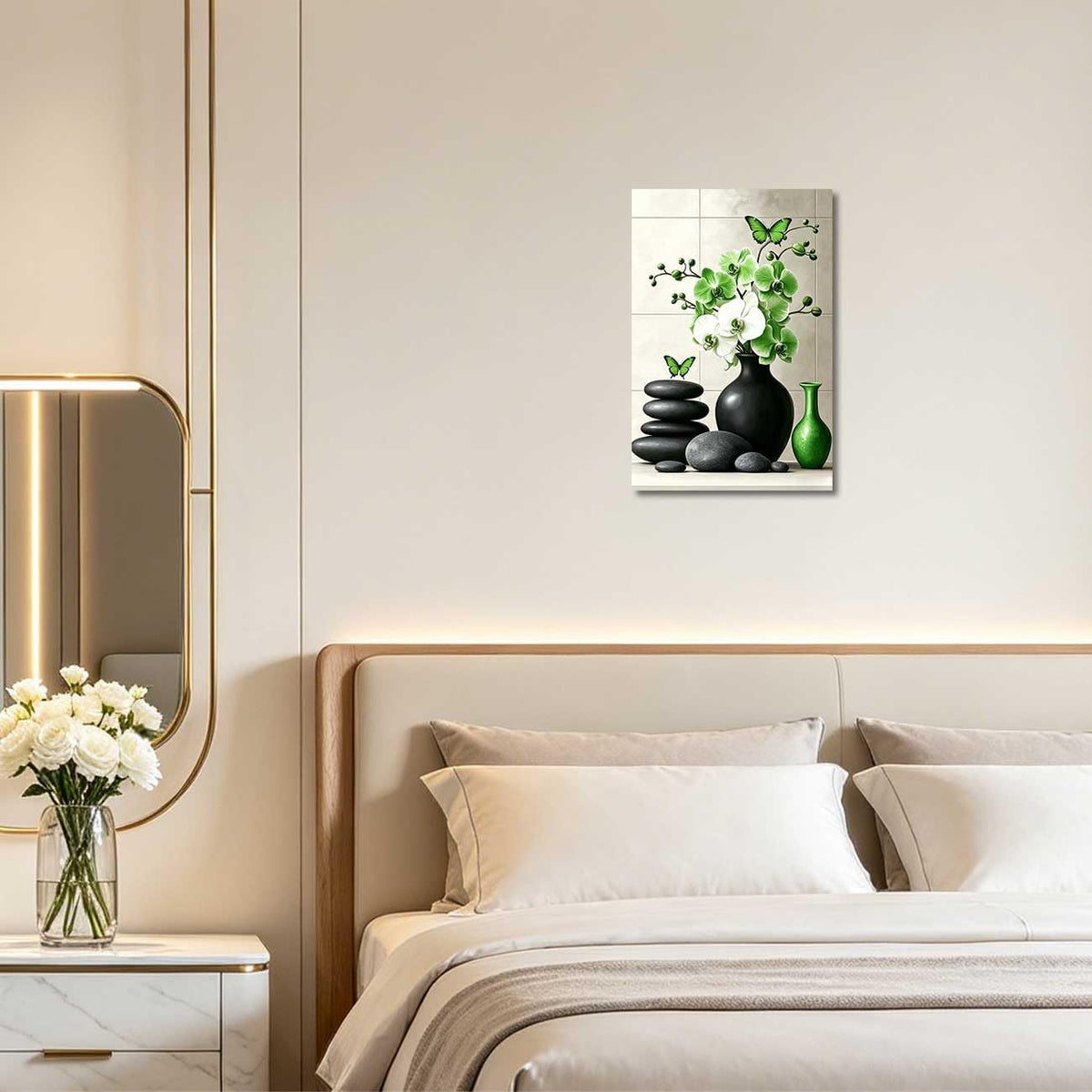 Orchid Flower Canvas Wall Art Zen Bathroom Pictures Prints Spa Stone Butterfly Wall Decor Black White Yoga Meditation Paintings for Living Room Bedroom (Green / 30"L x 20"W)