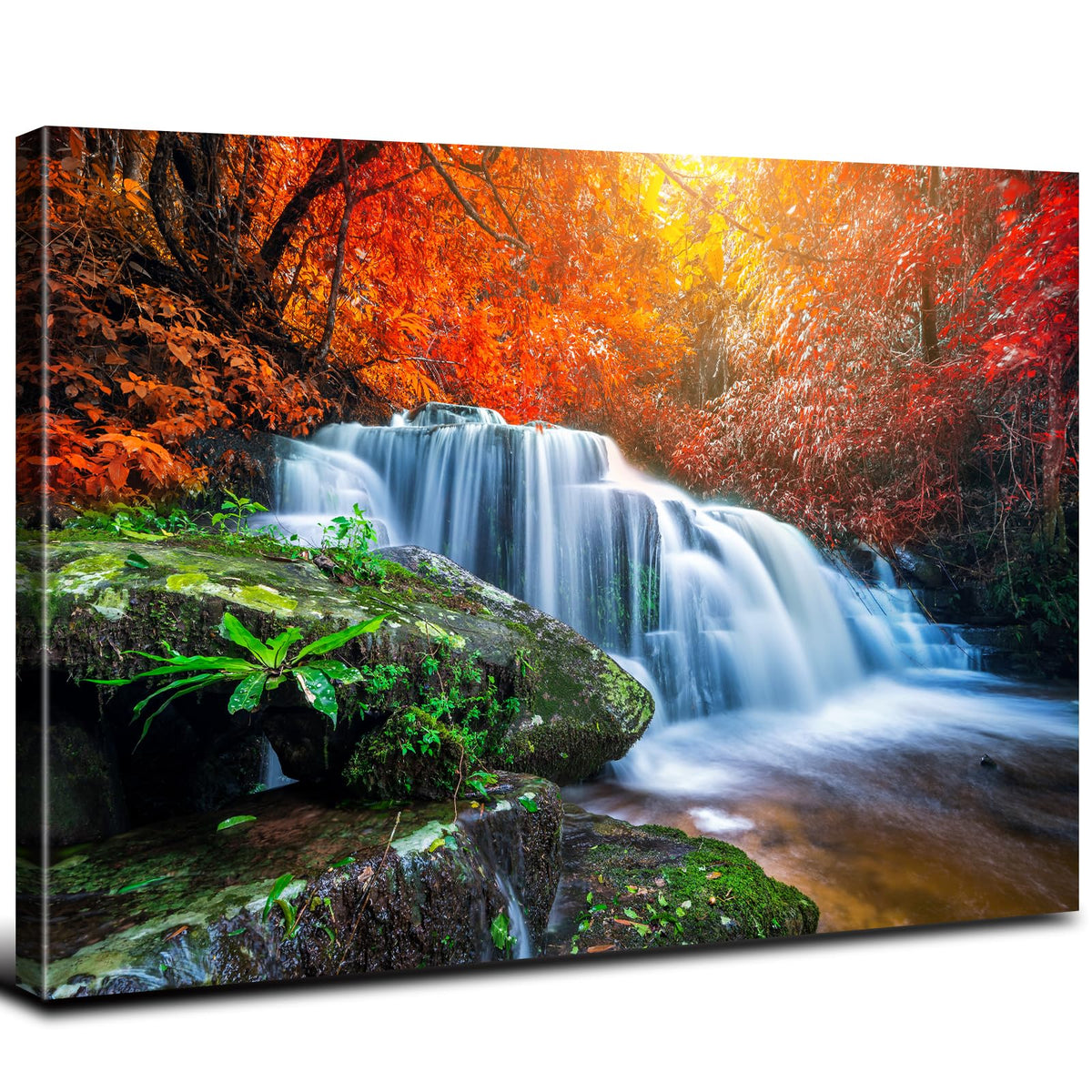 Nature Waterfall Wall Art Mountain Pictures Wall Decor Red Forest Trees Pictures Autumn Stream River Canvas Prints National Park Posters Natural Artwork for Bathroom Living Room Home Decoration 16x24" (24"L x 16"W / Autumn Waterfall)