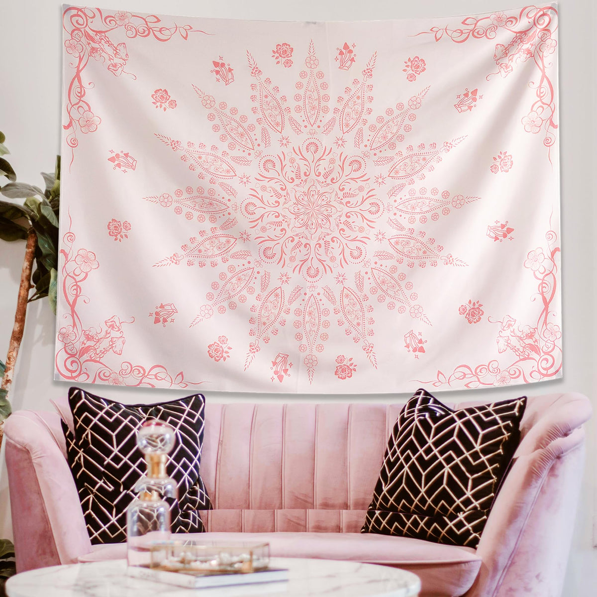 Pink Floral Boho Mandala Tapestry Wall Hanging for Bedroom 60" x 44" (Pink / 60"L x 44"W)