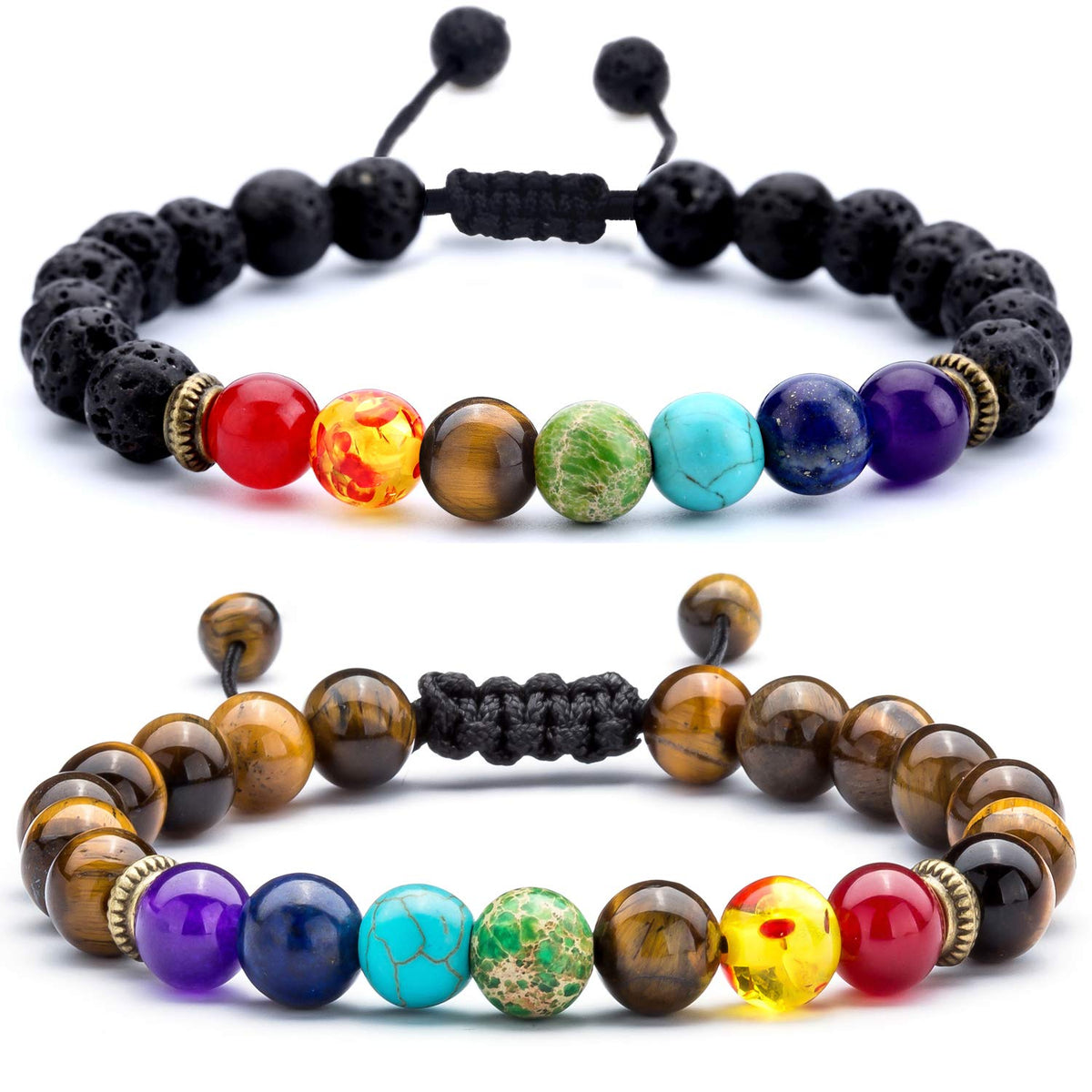Men Women 8mm Lava Rock Chakra Beads Bracelet Set Friend Gifts Braided Rope Natural Stone Yoga Bracelet Bangle (2 Pcs Set3-21004)