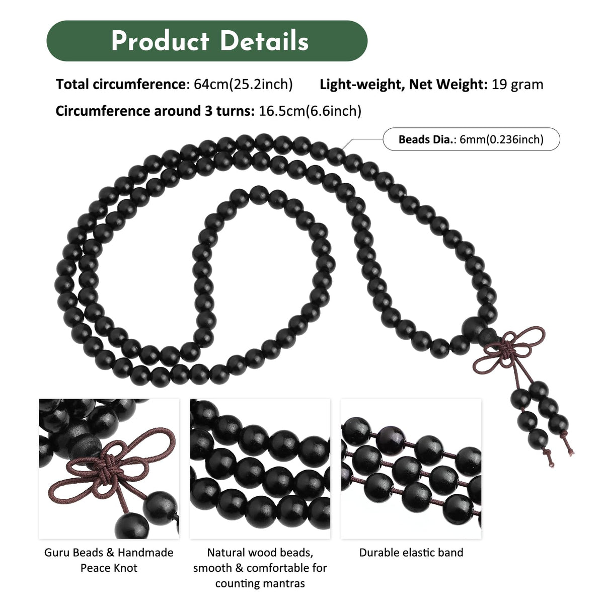 6mm Black Ebony Wood 108 Tibetan Buddhist Prayer Beads Mala Bracelet