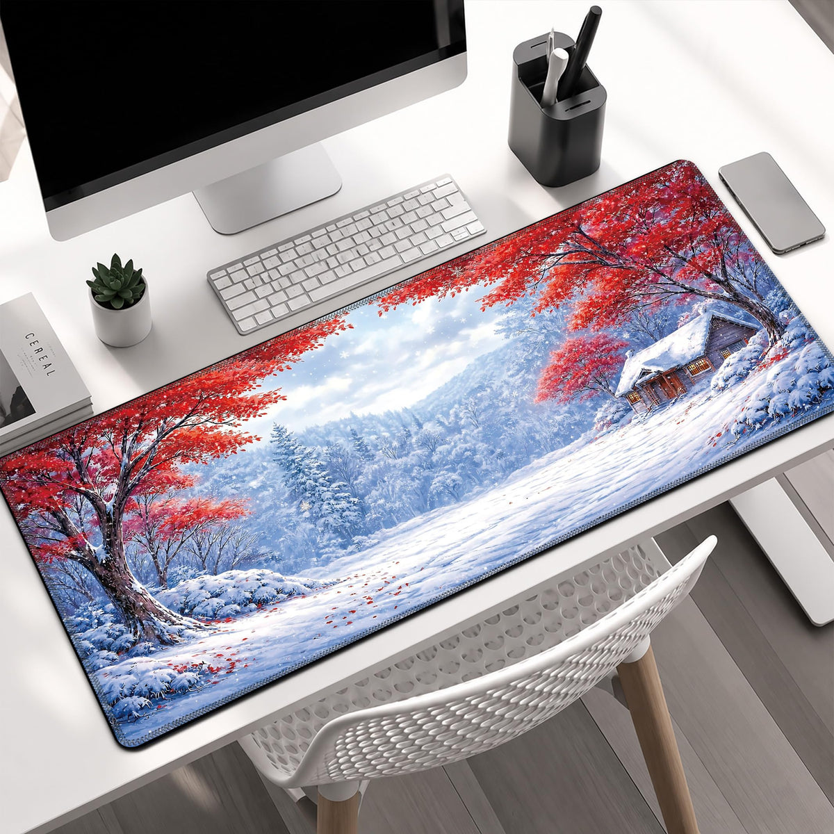 Snowy Forest Large Gaming Mouse Pad Desk Mat Extended Mousepad (Red maple snow scene / 35.4L x 15.7W inches)