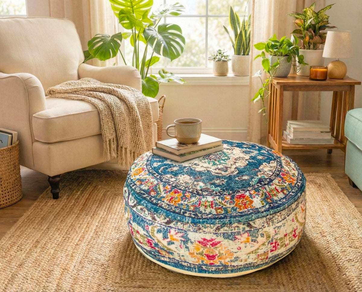 Moroccan Floor Pillow Cover Blue Round Floor Cushion Boho Room Décor Moroccan Seating Area Perfect Pouf Ottoman for Living (24x8 Cover Only / Blue)