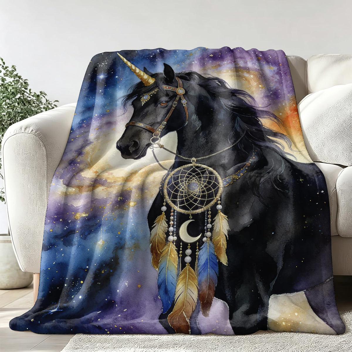 Unicorn Throw Blanket Mythical Dreamcatcher Cozy Soft Plush Flannel 60"X80" (Unicorn / 60"X80")