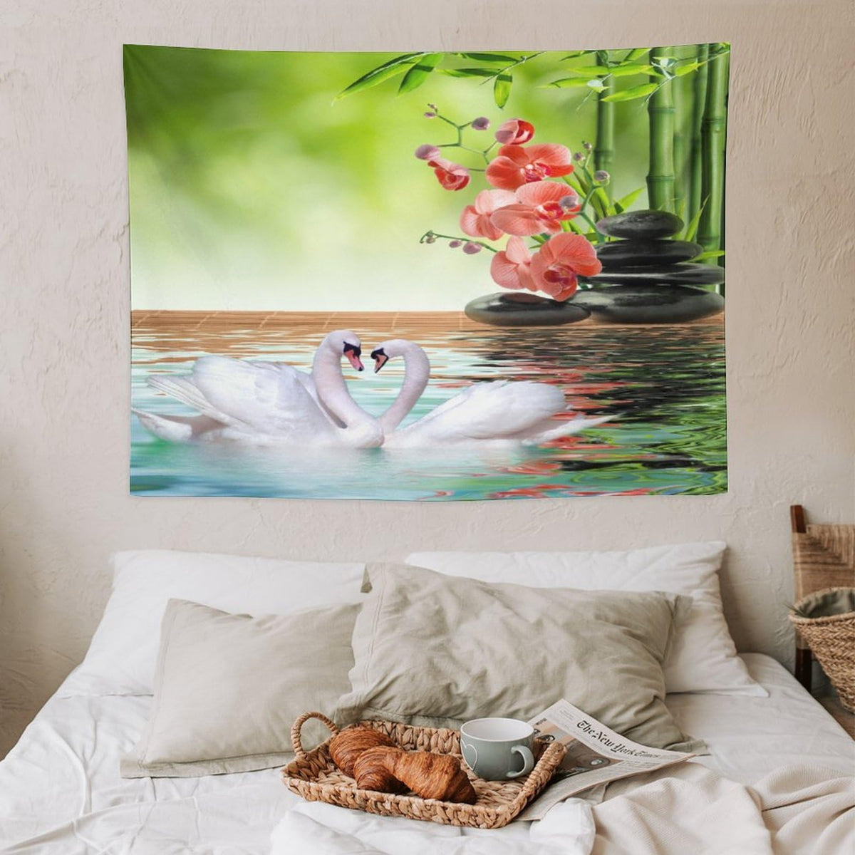 Spa Tapestry Wall Hanging Bamboo Orchid Red White Swan Spa Meditation Relaxing Art Tapestries Home Decor for Living Room Bedroom Farmhouse Kitchen Dorm 30"x40" (30"L x 40"W / Zen-6)
