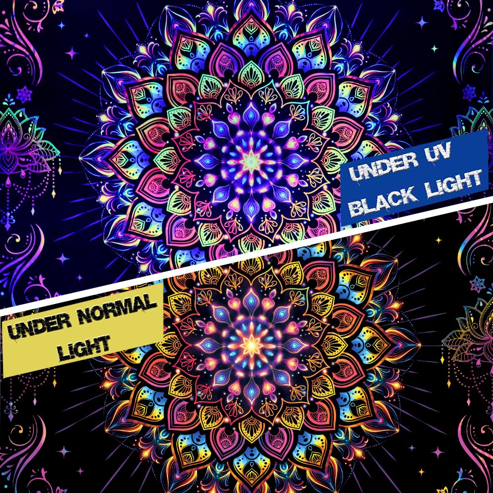 Blacklight Mandala Tapestry UV Reactive Psychedelic Neon Tapestry Hippie Indian Bohemian Wall Tapestries Aesthetic Floral Tapestries Wall Hanging for Bedroom (59.1"L x 51.2"W / Mandala)