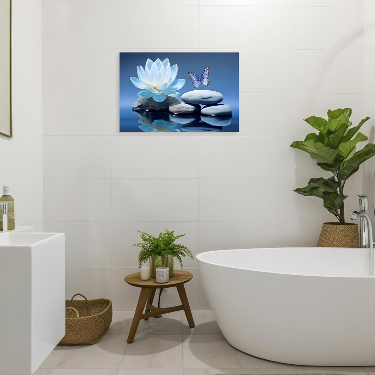 Blue Zen Wall Art Lotus Flower Canvas Spa Stone Pictures for Bathroom Wall Decor Meditation Butterfly Painting Frame (Zen - A / 16"L x 24"W)