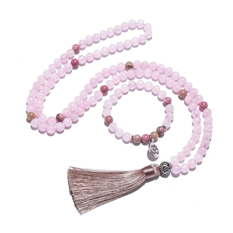 108 Mala Prayer Beads Necklace 8mm Natural Stones Meditation Yoga Jewelry Sets 108 Hand Made Japa Mala Beaded Long Tassel Necklace with Tassel Pendant for Men and Women (Rose quartz)