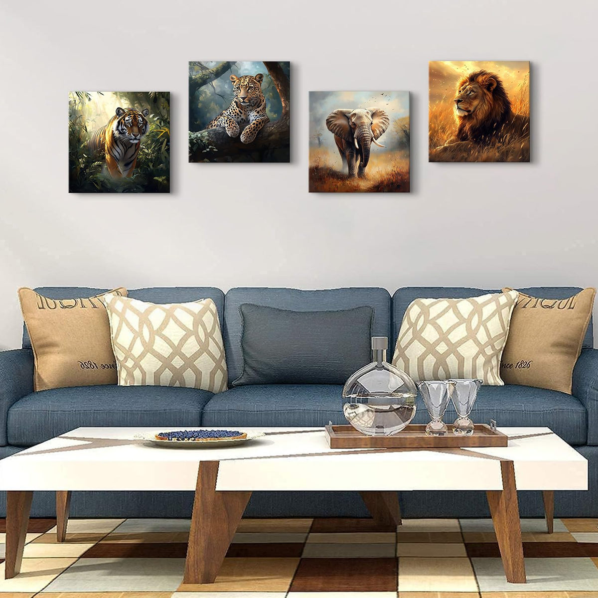 Wild Animal Lion Wall Art Wildlife Safari Wall Decor for Nursery Vintage African Elephant Canvas Pictures Tiger Panther Posters Jungle Forest Animals Paintings Artwork Living Room Decoration 12x12" 4P (12"L x 12"W / Wild Animals)