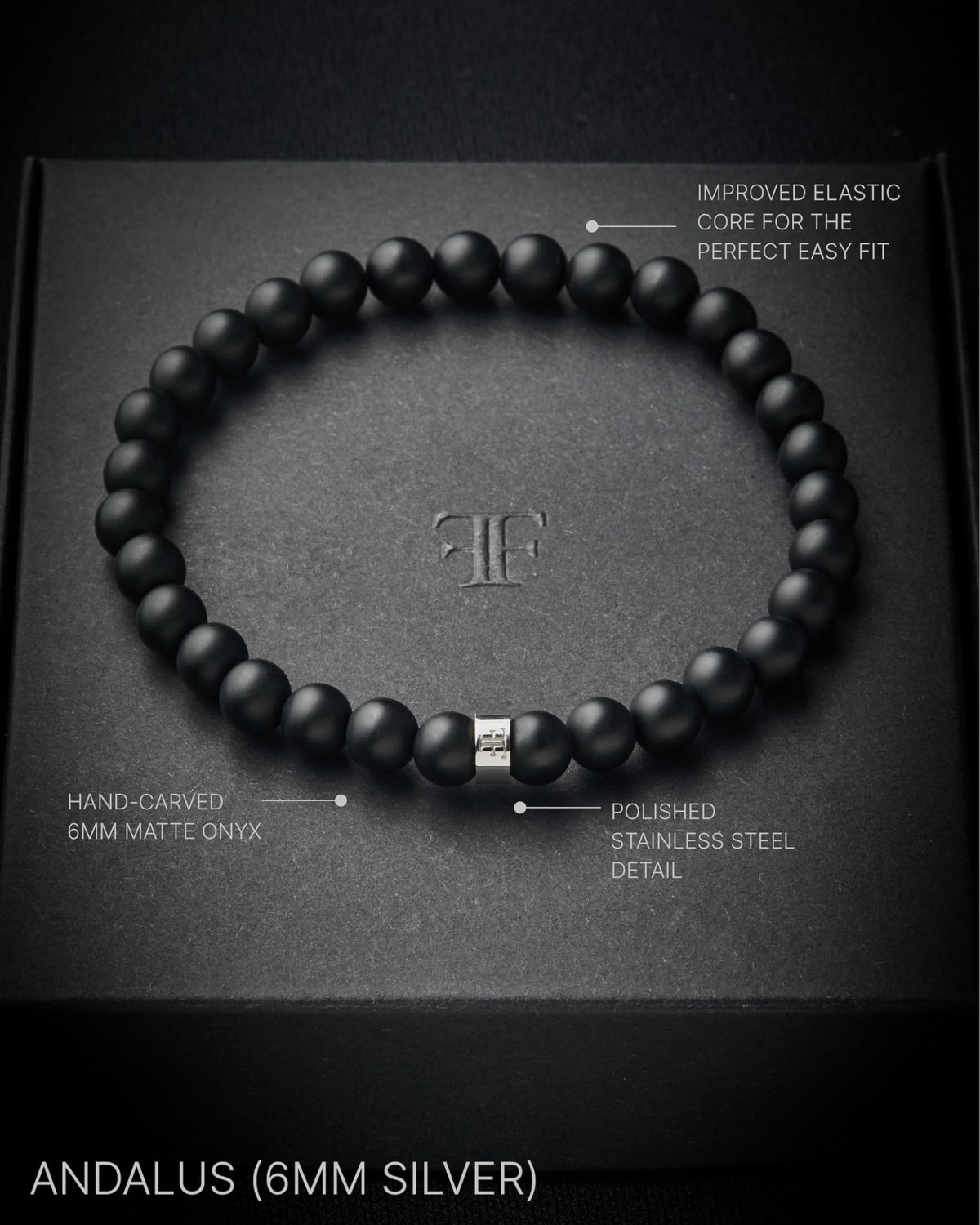 Andalus Men's Matte Black Solid Onyx Beaded Bracelet (6mm Silver / Medium)