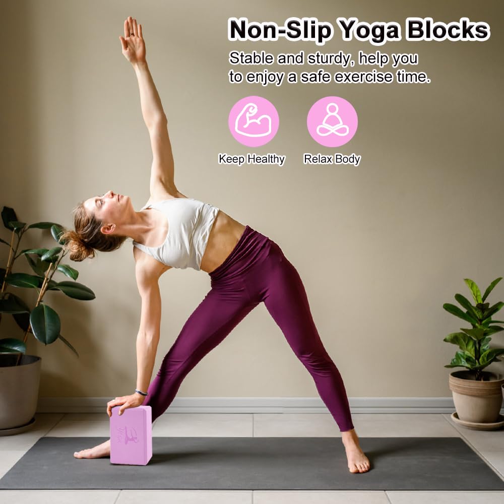2 Yoga Block and 2 Yoga Strap Set (Pink B / 9×6×3")