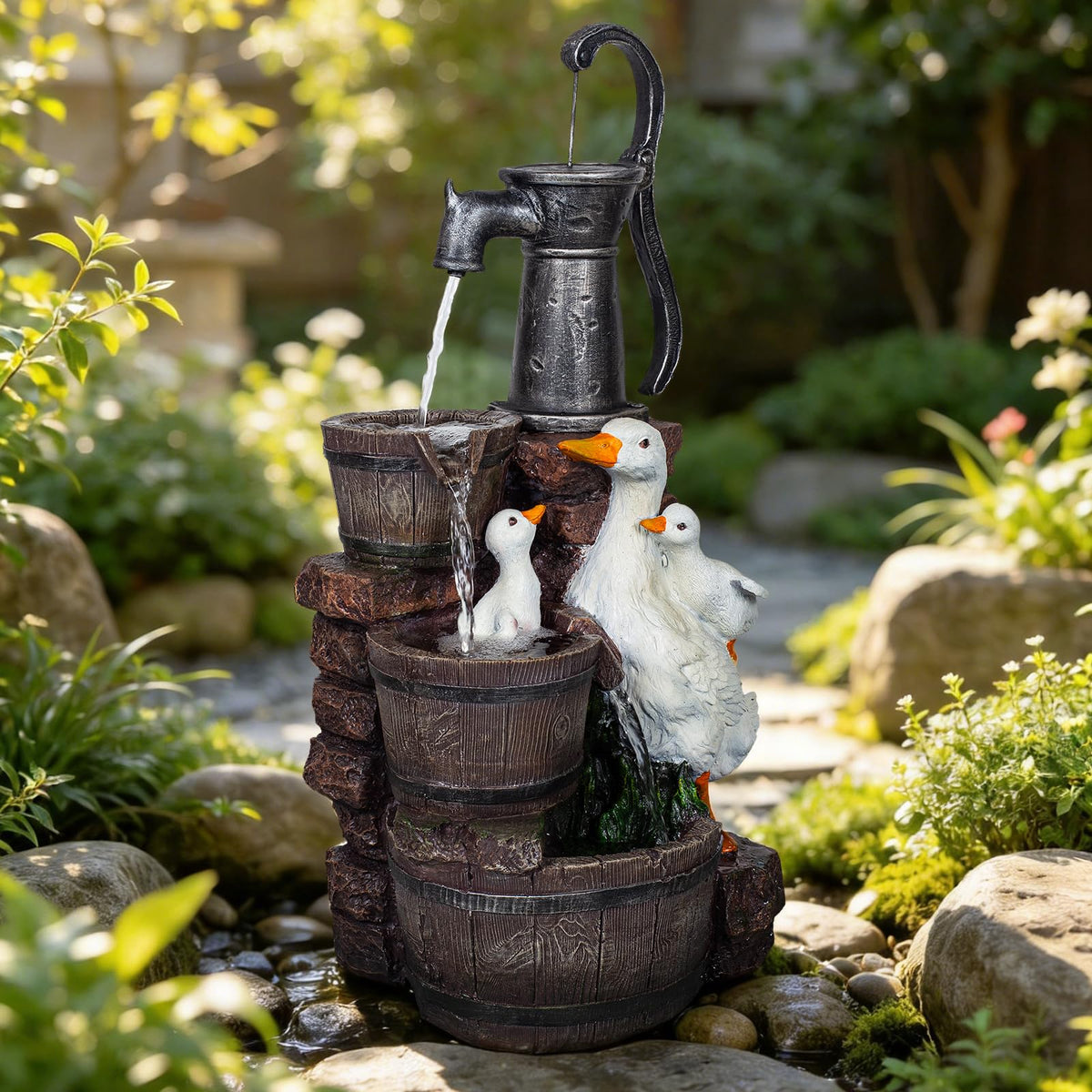 3 Tier Duck Family Barrel Outdoor Water Fountain