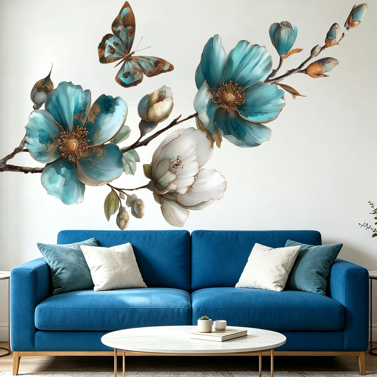 Teal Blue Flower Wall Decals with Butterfly (Vintage, Elegant, Botanical, Chinoiserie, Art Deco, Traditional, Contemporary, Rustic)