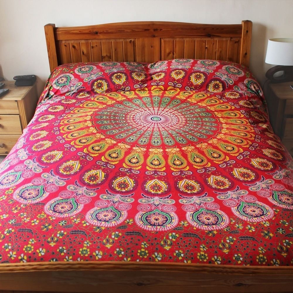 Tapestry Wall Hanging Hippie Mandala Bohemian Hippy Psychedelic Design Indian Tapestries Bedspread 84 x 90 Inches (90.6"L x 84.7"W / Red_Yellow)