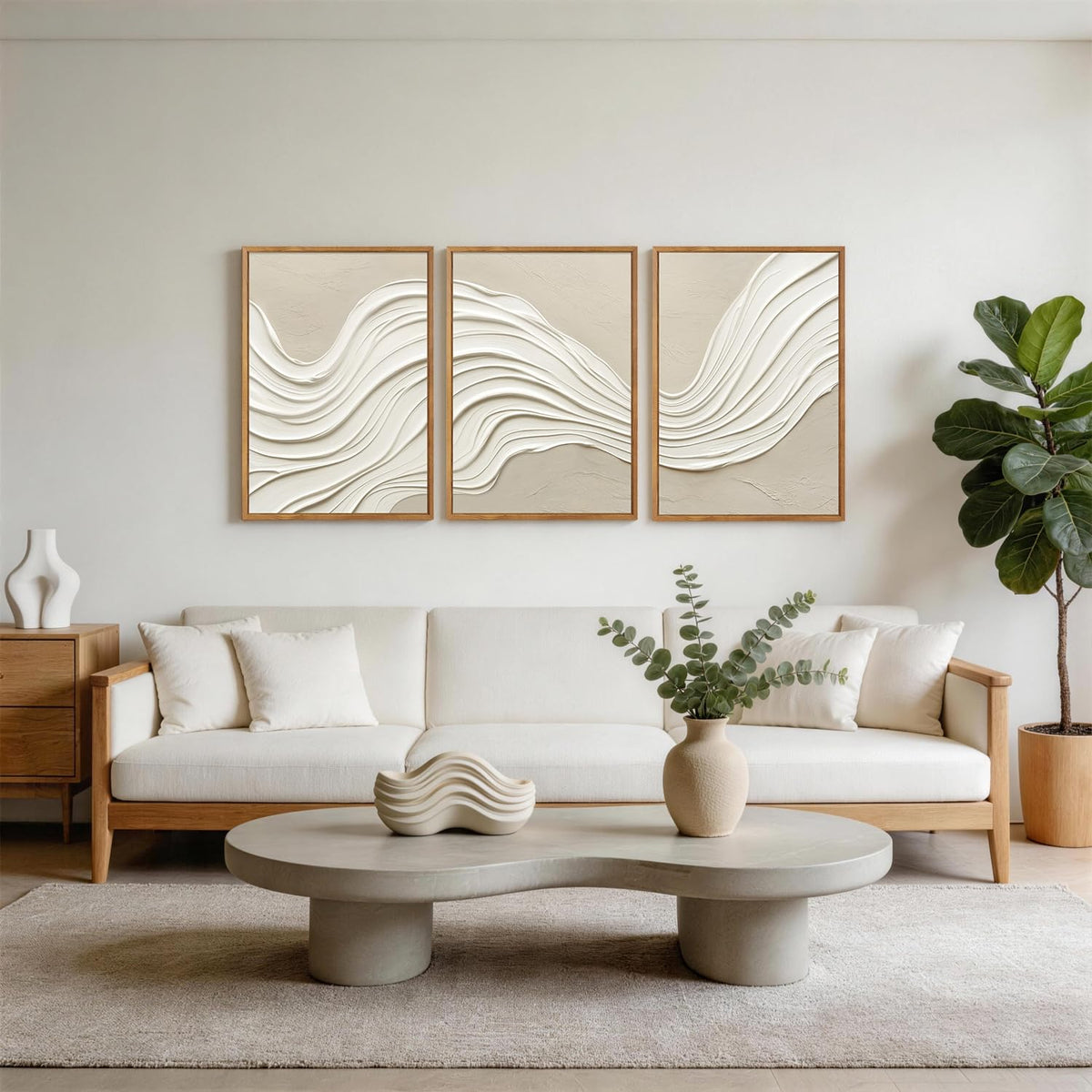 3D Textured Neutral Cream Abstract Minimalist Wave Framed Wall Art (3d Cream Wave)