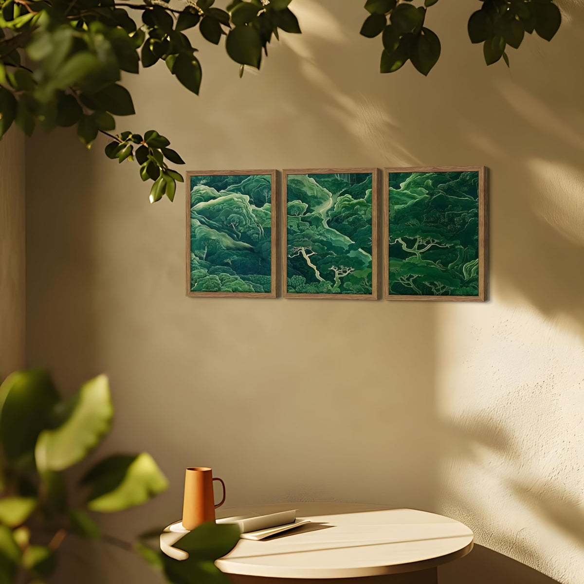Japanese Nature Forest Wall Art Set of 3 (Green Book Mountain / 16"L x 12"W)