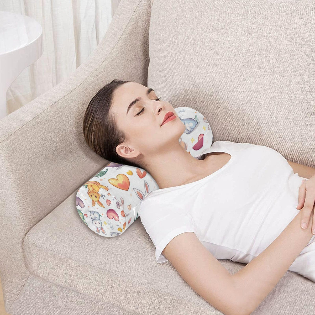 White Rabbit Easter Egg Love01 Neck Roll Pillow Bolster Round Health Memory Foam Long Cervical Cylinder Pillows with Removable Washable Cover for Body Bed Legs Back Yoga (White Rabbit Easter Egg Love01)