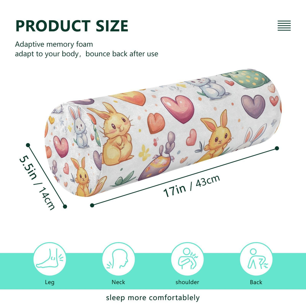 White Rabbit Easter Egg Love01 Neck Roll Pillow Bolster Round Health Memory Foam Long Cervical Cylinder Pillows with Removable Washable Cover for Body Bed Legs Back Yoga (White Rabbit Easter Egg Love01)