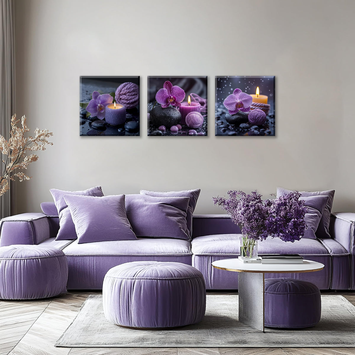 3PCS Purple Orchid Candle Canvas Wall Art Zen Spa Decor Black Stones Water Droplets Relaxing Purple Aesthetic Tranquil Meditation Artwork for Bedrooms Living Rooms Bathrooms Wellness Spaces (20X20inchX3pcs / Purple Orchid Candle)
