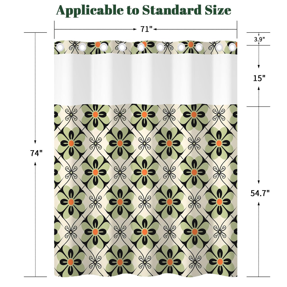 Mid Century Modern Shower Curtain with Snap in Liner (Boho Flower)