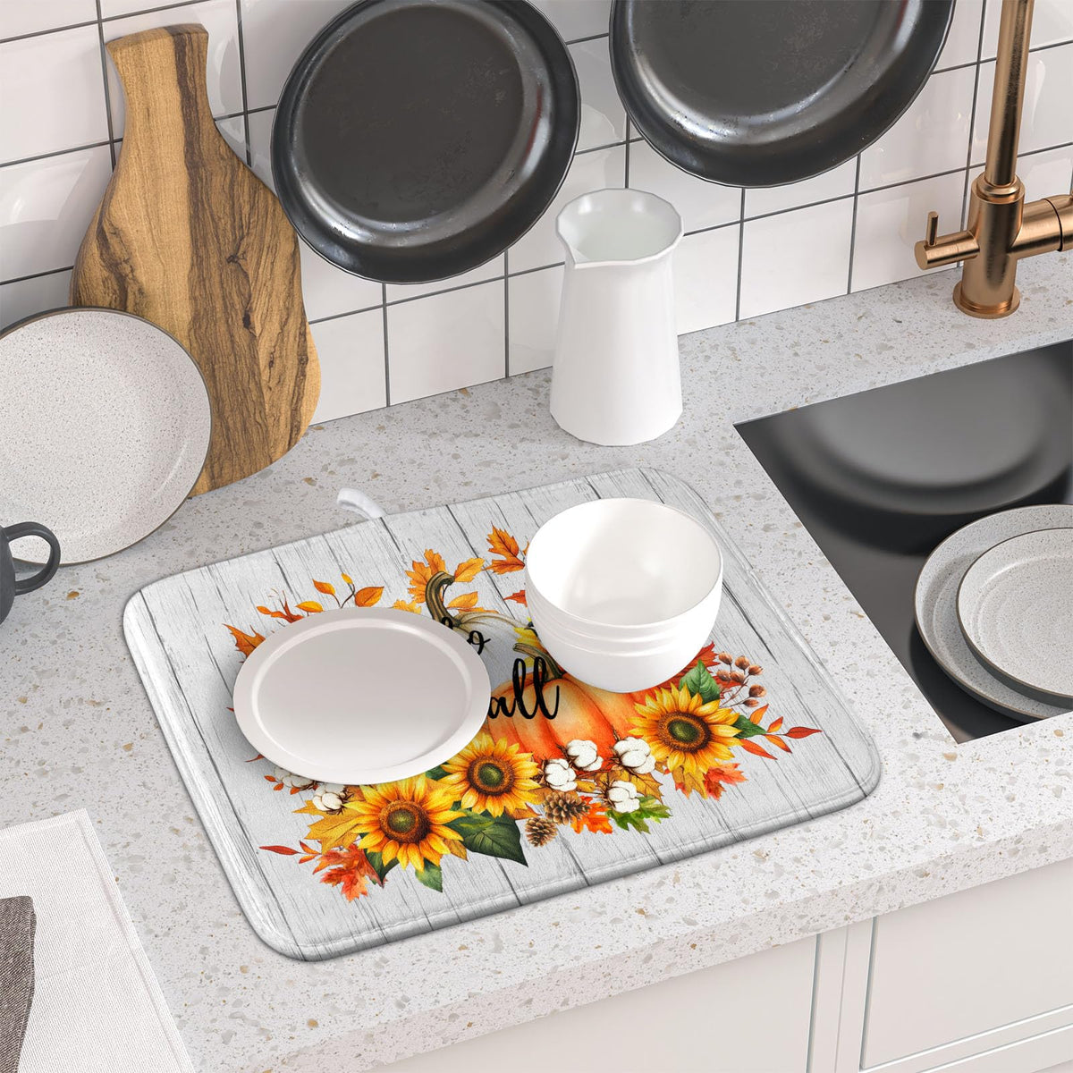 Hello Fall Sunflowers Dish Drying Mat for Kitchen Counter (Hello Fall / 16" x 18")