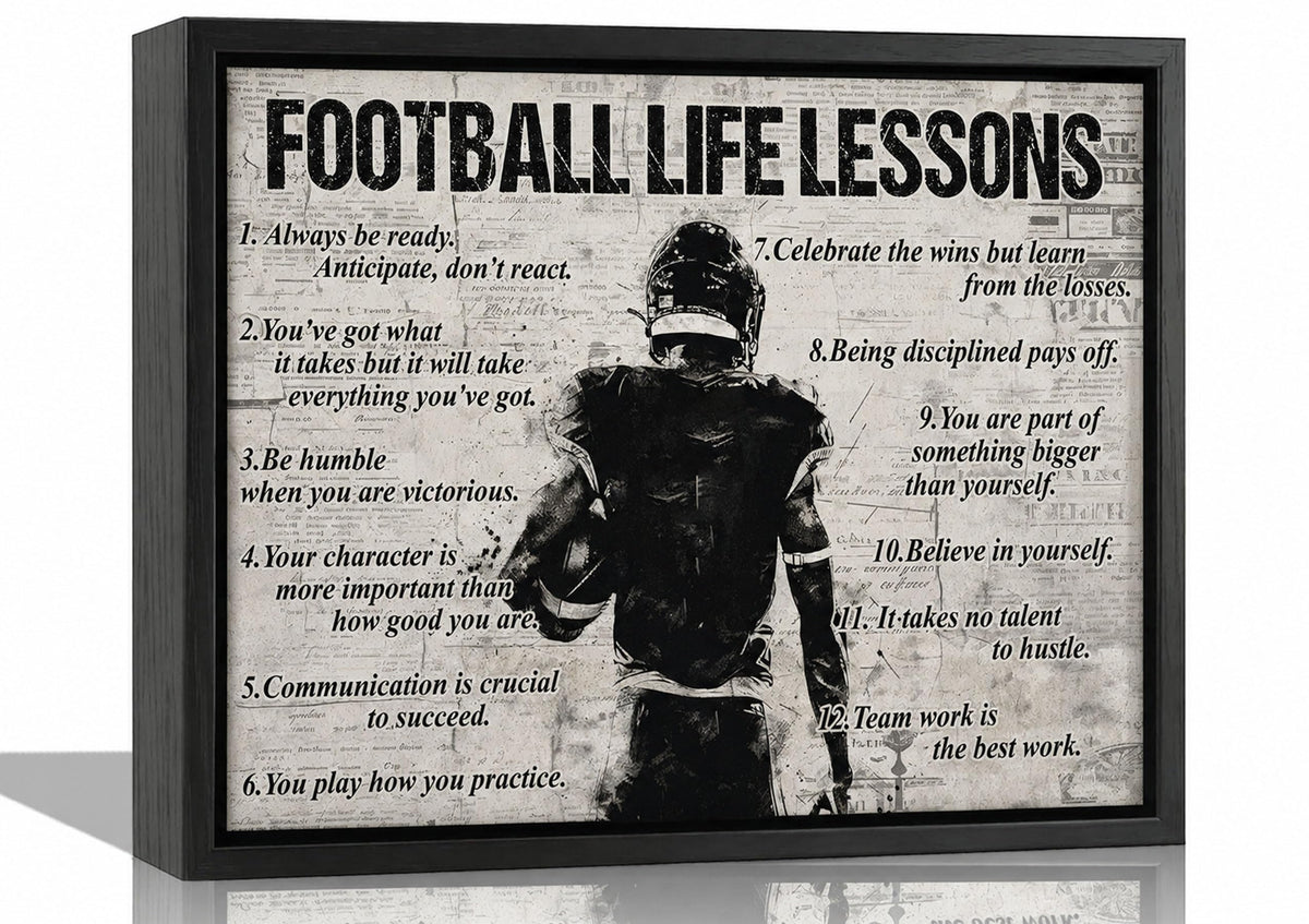 Black Framed Football Life Lessons Canvas Wall Art 24x36in (Inspirational football / 36"L x 24"W)
