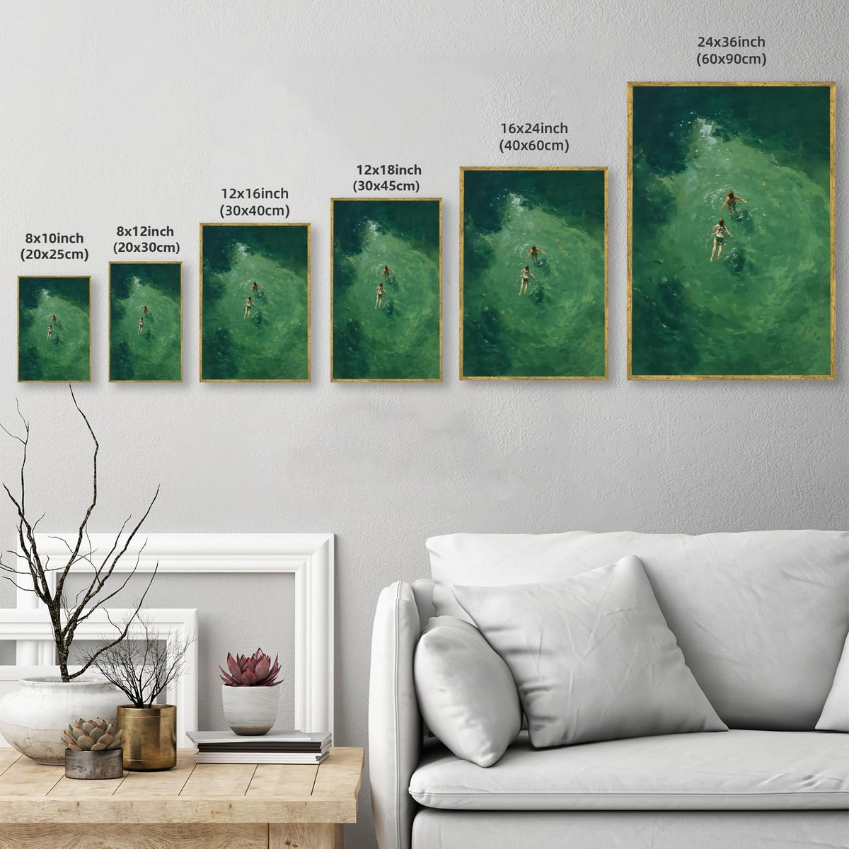 Gold Framed Swimmers Wall Art Swimming in Green Abstract Canvas Poster Aerial View Summer Ocean Painting Print Minimalist Relaxing Coastal Artwork for Bedroom Beach House Decor 24x36inch (24"L x 36"W / Swim - Gold Frame)