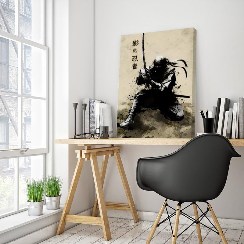 Japanese Samurai Shadow Canvas Painting Wall Art Japanese Style Posters And Prints Retro Pictures Living Room Bedroom Decor Framed 8"X12" (12"L x 8"W / Frame-4)