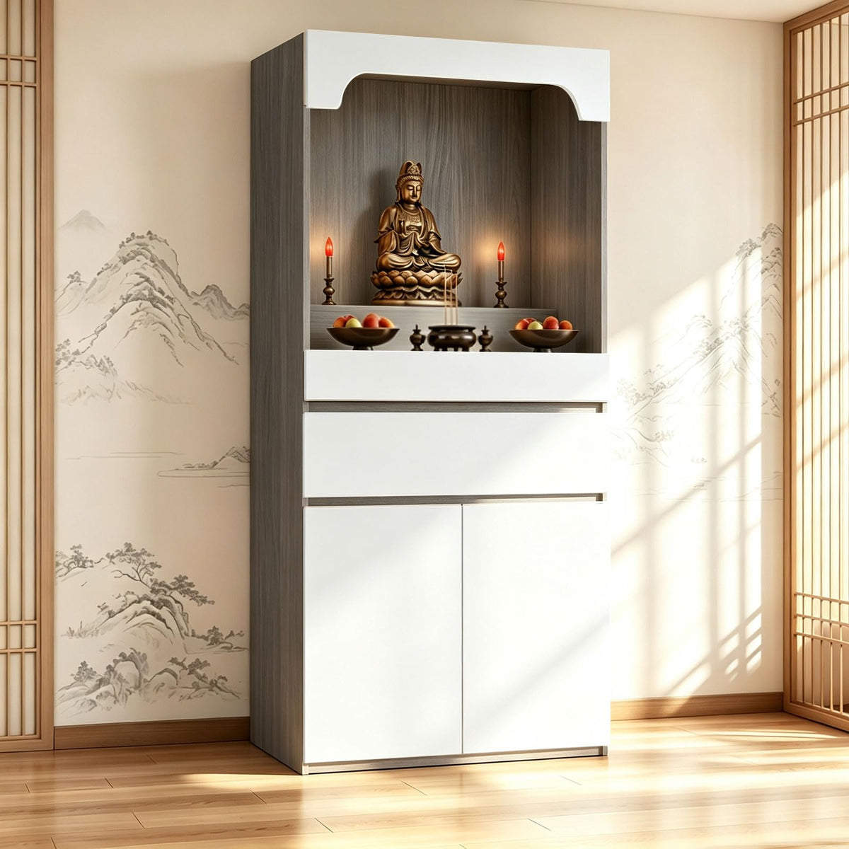 Altar Table Pooja Cabinet with Drawers and Storage Cabinets (31.5×15.7×65.4in / White + Dark Gray Natural Wood)