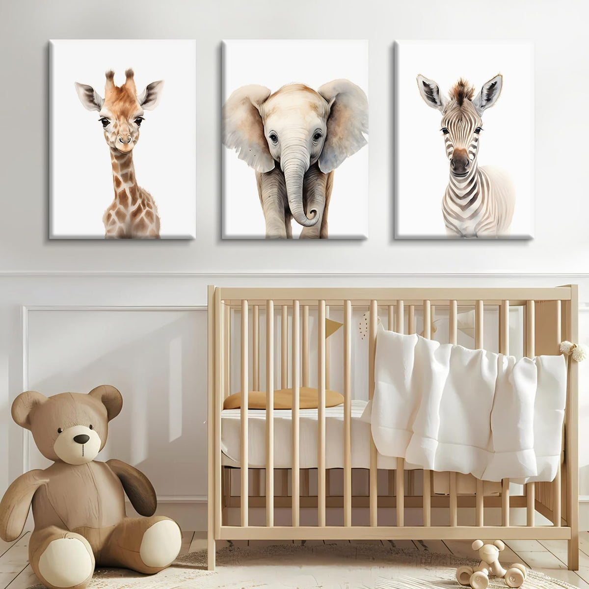 Nursery Animal Wall Art Safari Baby Wall Decor Boy Room Nursery Canvas Prints Jungle Animal Art Pictures Kids Cute Safari Poster for Girl Bedroom 12x16 Inch Wrapped Canvas Set of 3 (12x16 Inch Wrapped Canvas / Elephant Giraffe Prints)