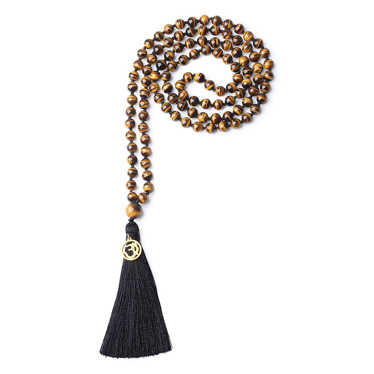 OM Charm Hand Knotted Tassel 108 Mala Beads Tiger Eye Stone Beaded Necklace 8mm (8mm / Tiger eye)