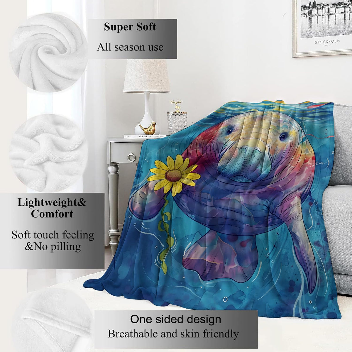 Manatee Blanket Playful Ocean Animal Throw Blankets with Sunflower (60x80in / Manatee)