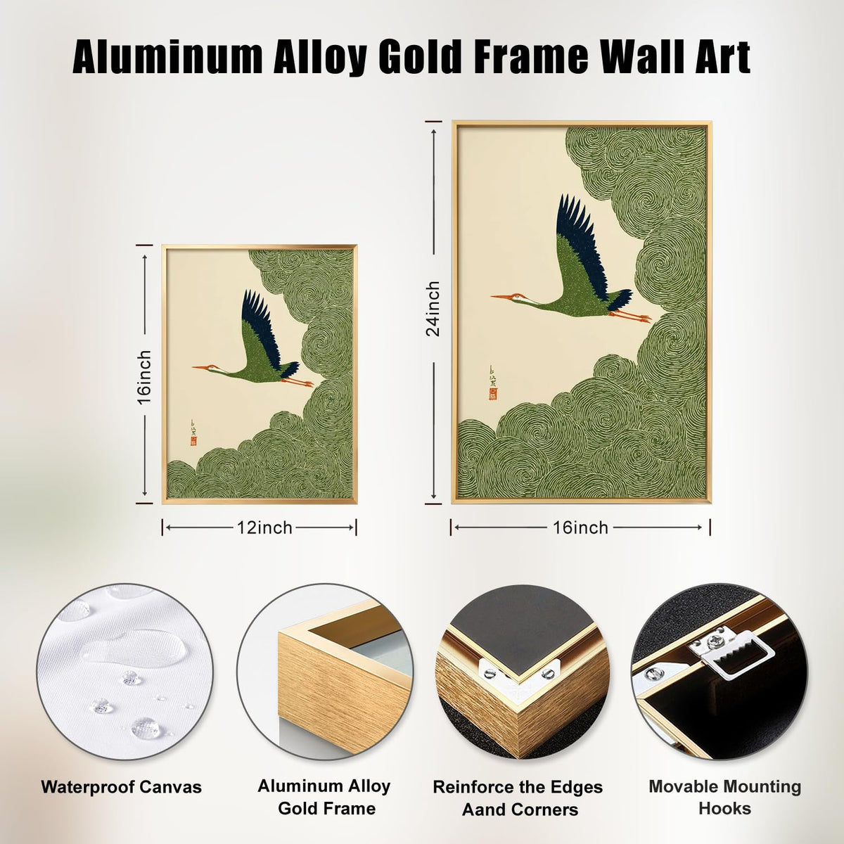 Gold Aluminum Alloy Framed Japanese Crane Canvas Wall Art 16x24in (Japanese Crane / 24"L x 16"W)
