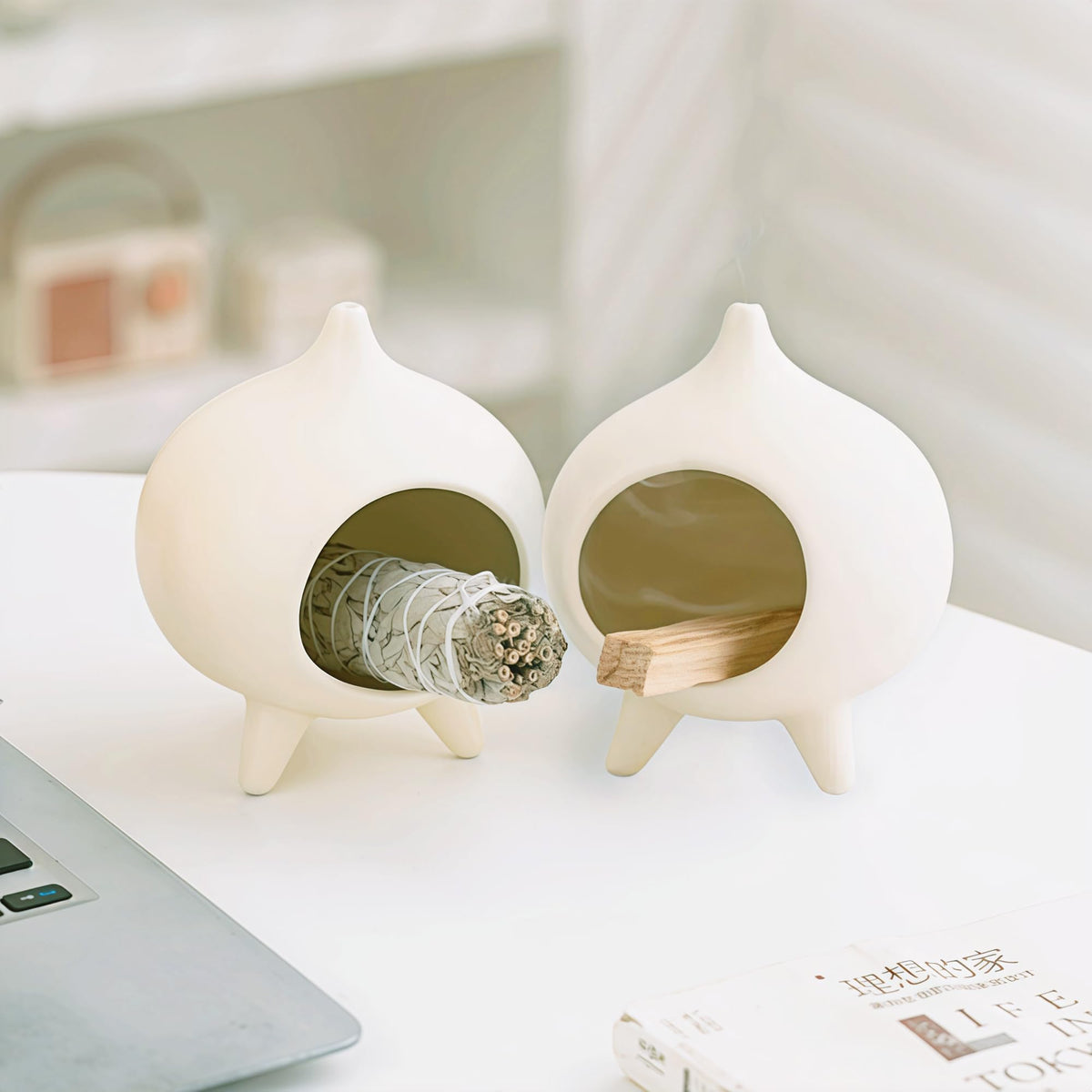 Ceramic Palo Santo Holder & Cone Incense Burner (Beige)
