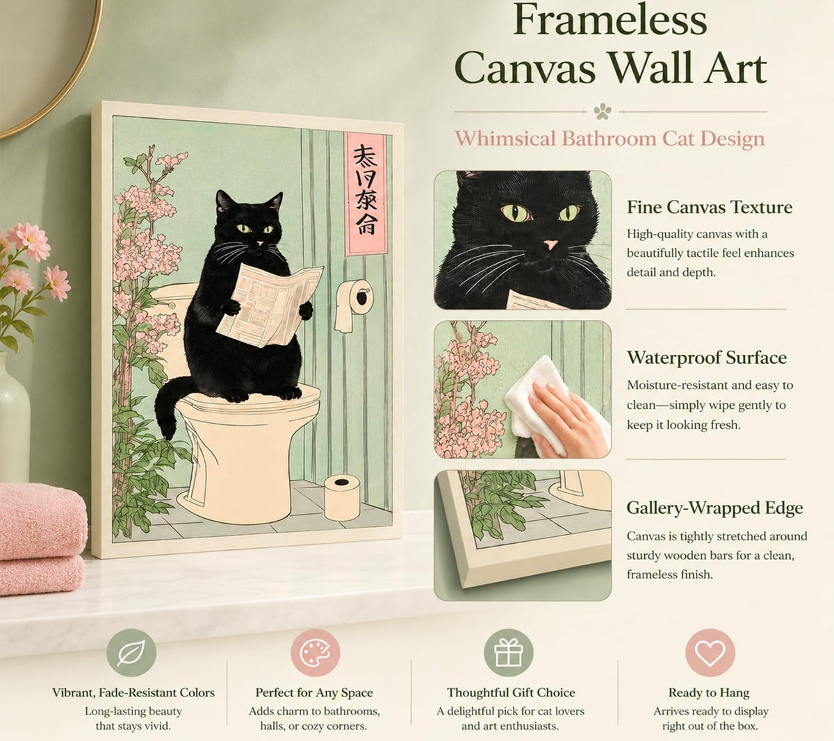 Japanese black cat on toilet Canvas Wall Art Funny bathroom print Toilet poster Japanese Cat Wall Decor Pictures Aesthetic Minimalism Artwork Neutral Painting Home Decoration (Canvas / 24"L x 16"W)