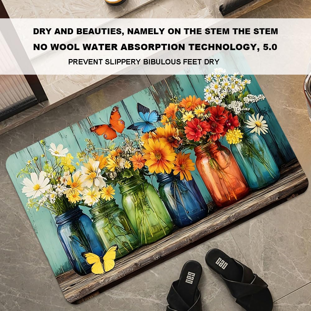 Bath Mat Bathroom Rug (Flowers Six Glass Jars / 20 x 31 inches)