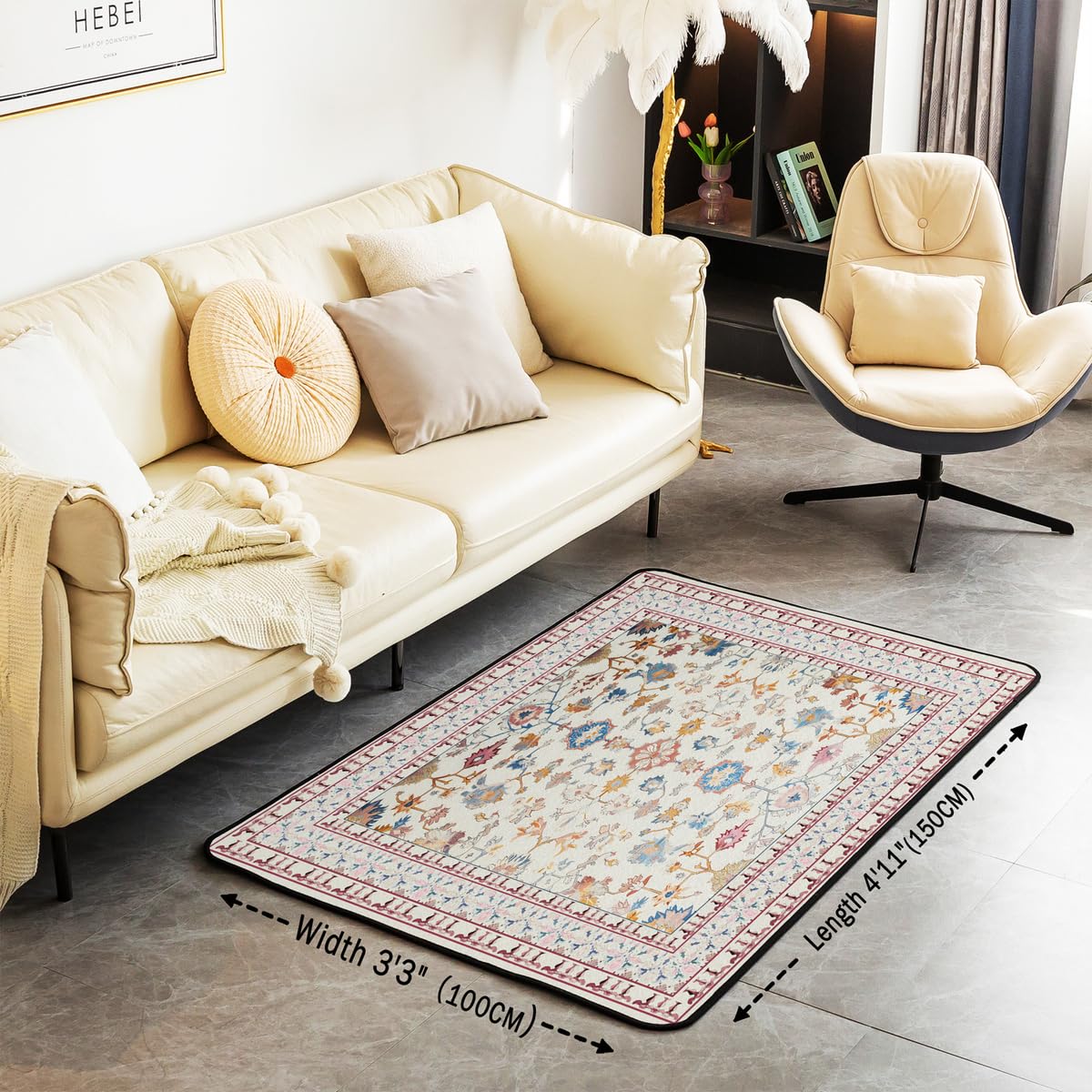 Boho 3x5 Area Rug Vintage Floral Rugs for Living Room (Pink Beige / 3'3" x 4'11" (Rectangular))