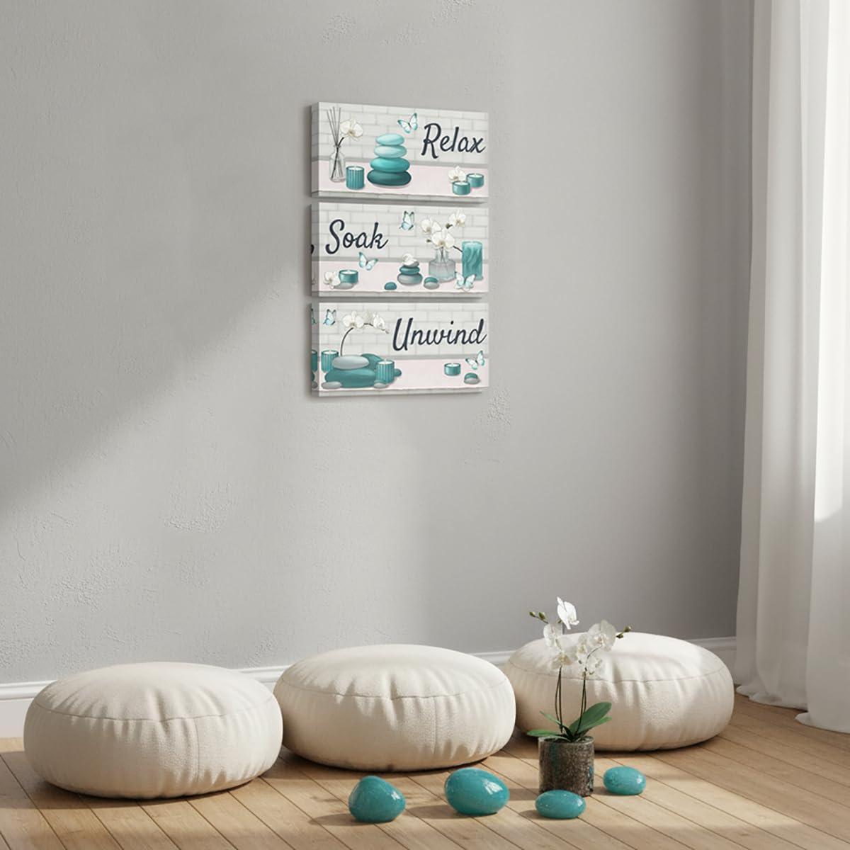Teal Bathroom Wall Art Zen Pictures Canvas Painting for Zen Meditation Room Wall Decor Framed 8"x16" for Each (Teal)
