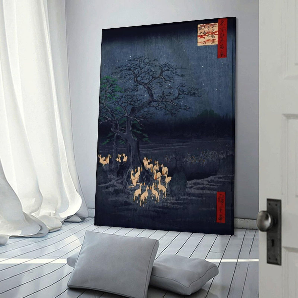 Hiroshige Foxfires At The Changing Tree Canvas Printing Wall Art Prints Wall Decor Posters Japanese Ukiyoe Night Landscape Vintage Folklore Style for Living Room Bedroom Office 12x18inch (style-7 / 12x18inch(30x45cm) Frame)