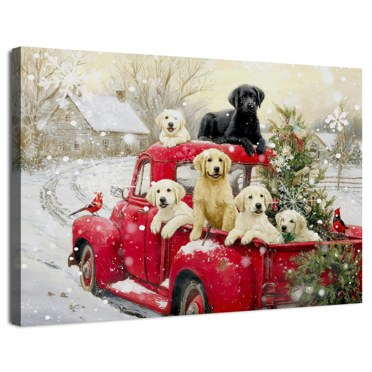 Vintage Christmas Wall Art Winter Farmhouse Scenic Wall Decor Red Truck Christmas Tree Canvas Prints Cute Puppy Pictures Snow Country Landscape Artwork for Bedroom Kitchen Home Decorations 32x48" (48"L x 32"W / Xmas Puppy)